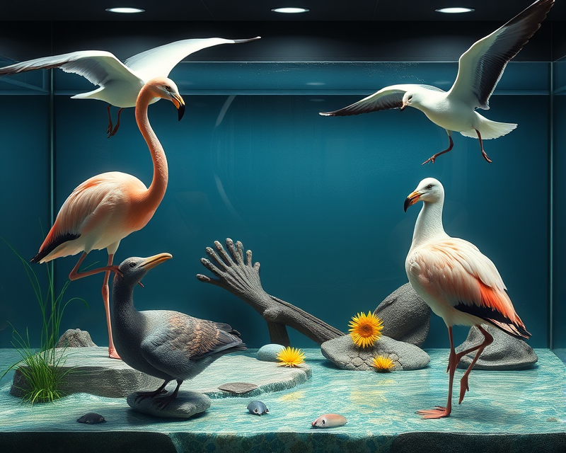 flamingo, seagull, fish tank, anteater, dove, tuxedo